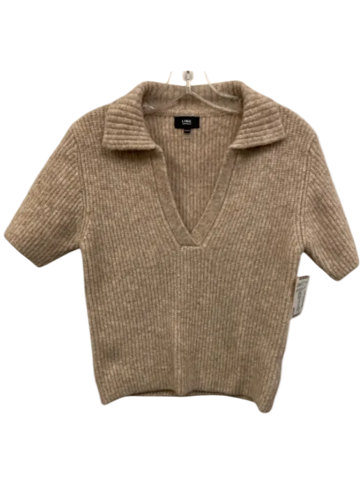 Line Size XS Beige Polyester & Wool Blend Ribbed Knit Short Sleeve Sweater Top Beige / XS