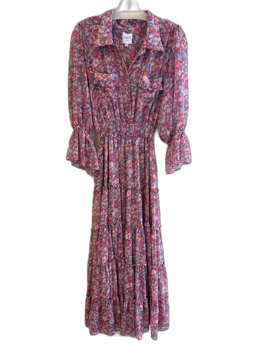 Misa Size M Purple & Multi Viscose Collared Button Up 3/4 Sleeve Floral Dress Purple & Multi / M