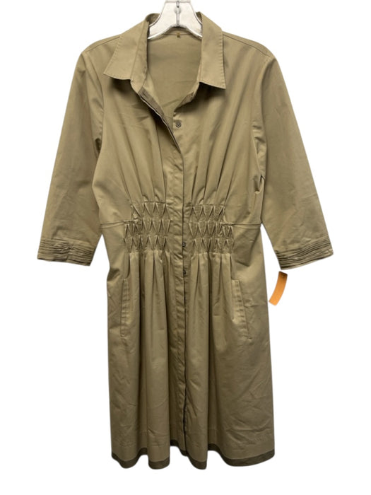 Elie Tahari Size 10 Khaki Beige Cotton & Polyester 3/4 Sleeve Pintuck Midi Dress Khaki Beige / 10