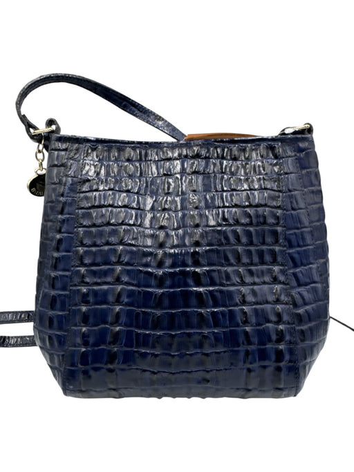 Brahmin Blue Embossed Leather Gold hardware Croc Zip Top Crossbody Bag Blue / S