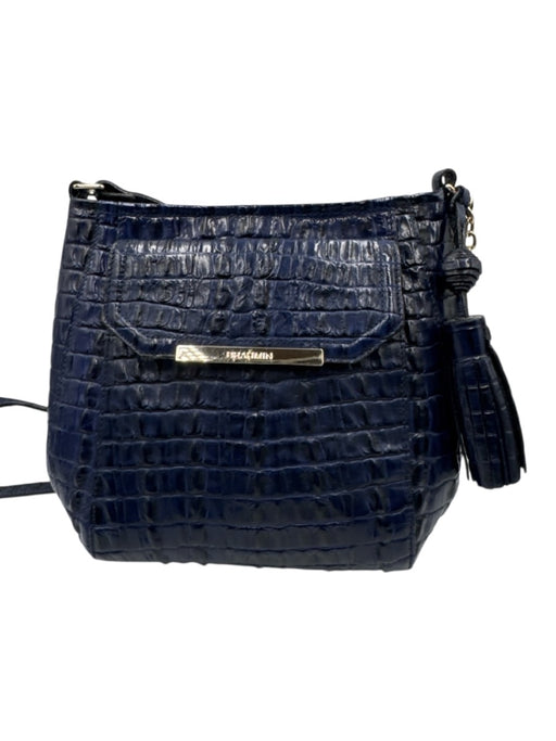 Brahmin Blue Embossed Leather Gold hardware Croc Zip Top Crossbody Bag Blue / S