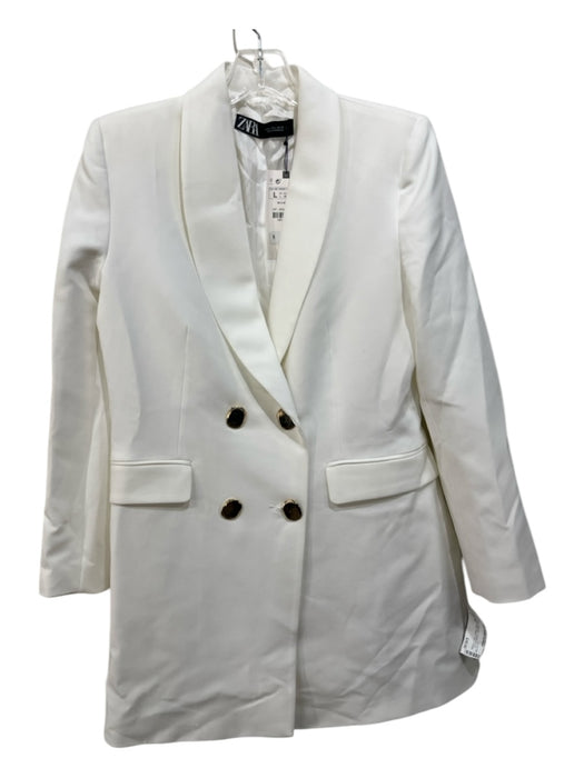 Zara Size L White Polyester Double Breast Gold Button Detail Blazer Jacket White / L