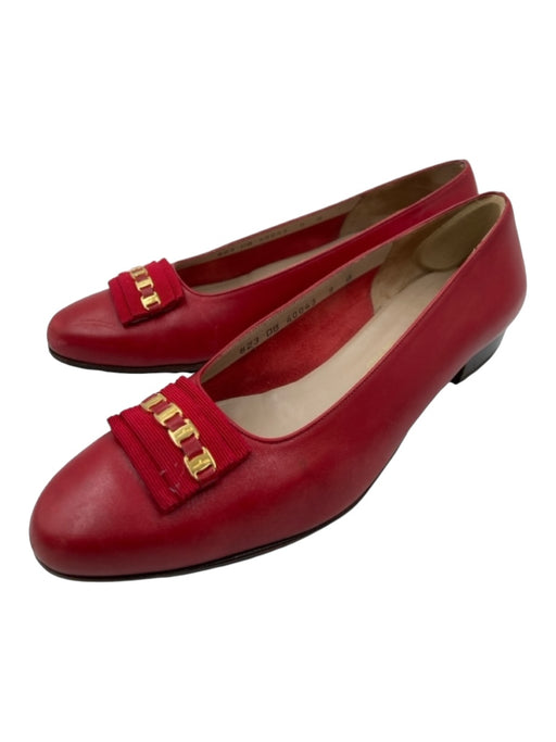 Salvatore Ferragamo Shoe Size 9 Red Leather Ribbed Detail Gold Hardware Loafers Red / 9