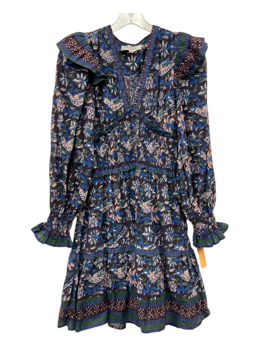 Sea New York Size 0 Purple, Blue & Green Cotton Long Balloon Sleeve Floral Dress Purple, Blue & Green / 0