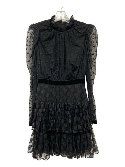 Saloni Size 2 Black Nylon Mesh Overlay Polka Dot Ruffle Neck velvet trim Dress Black / 2