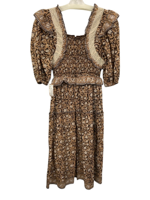 Sea New York Size XS Brown, Orange, White Cotton Half Puff Sleeve Floral Dress Brown, Orange, White / XS