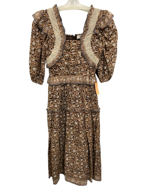 Sea New York Size XS Brown, Orange, White Cotton Half Puff Sleeve Floral Dress Brown, Orange, White / XS