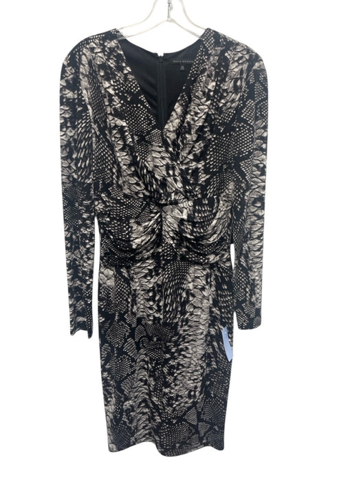 David Meister Size 10 Black & White Polyester Blend Long Sleeve Ruched Dress Black & White / 10