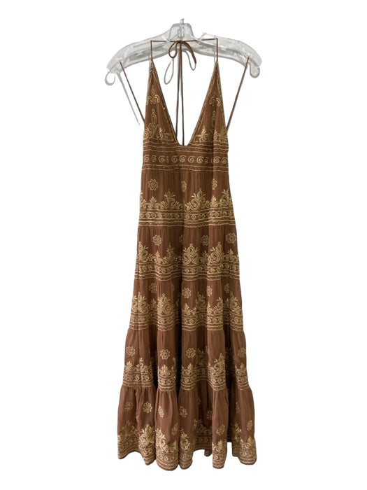 Alice + Olivia Size 0 Brown & Gold Embroidered Beaded Halter Tiered Dress Brown & Gold / 0