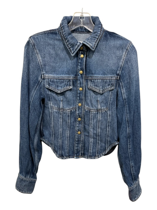 Ganni Size 32 Medium Wash Cotton Denim Gold Tone Hardware Patch Pockets Top Medium Wash / 32
