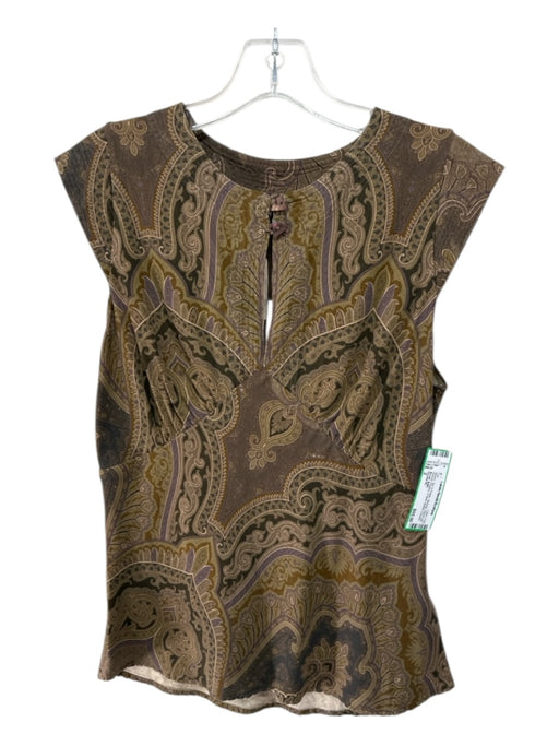 Double RL Size 2 Brown, Tan & Purple Viscose Short Cap Sleeve Paisley V Neck Top Brown, Tan & Purple / 2