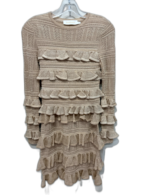 Zimmermann Size 4 Gold Viscose Blend Knit Ruffle Trim Long Sleeve Midi Skirt Set Gold / 4