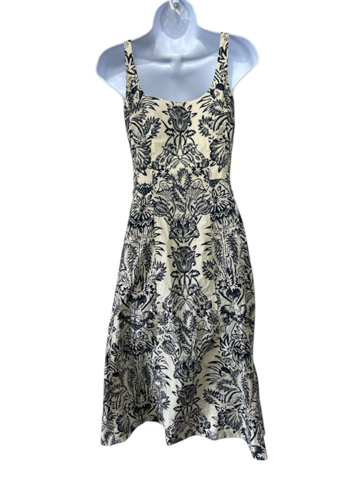 Ulla Johnson Size XS Cream & Navy Blue Cotton Sleeveless Floral Print Midi Dress Cream & Navy Blue / XS