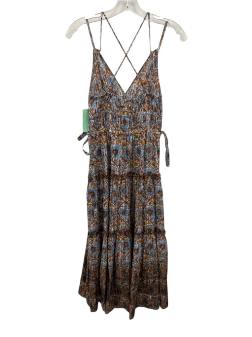 Ulla Johnson Size 0 Blue & Brown Cotton & Viscose Sleeveless Split Neck Dress Blue & Brown / 0