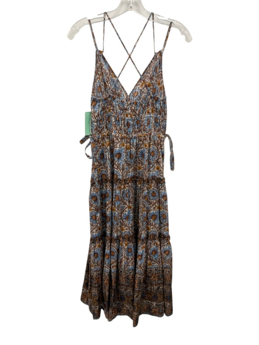 Ulla Johnson Size 0 Blue & Brown Cotton & Viscose Sleeveless Split Neck Dress Blue & Brown / 0