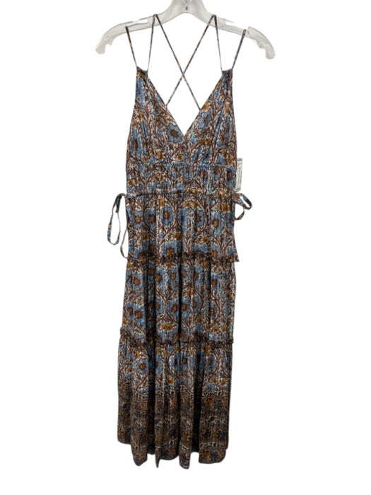 Ulla Johnson Size 0 Blue & Brown Cotton & Viscose Sleeveless Split Neck Dress Blue & Brown / 0