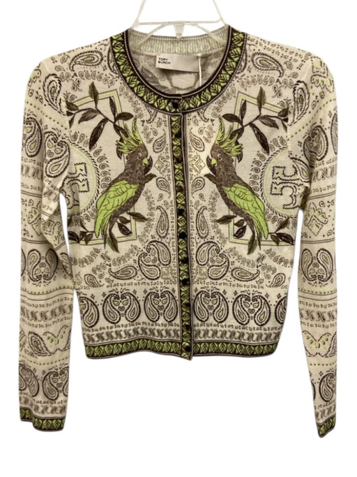 Tory Burch Size XXS White, Brown, Green Wool Long Sleeve All Over Print Cardigan White, Brown, Green / XXS