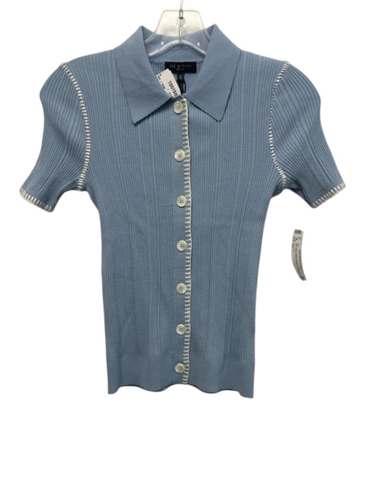Rag & Bone Size XS Blue & White Viscose & Polyester Short Sleeve Ribbed Top Blue & White / XS