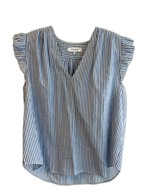 Frame Size M Blue & White Cotton Striped Ruffle Sleeveless V Neck Top Blue & White / M
