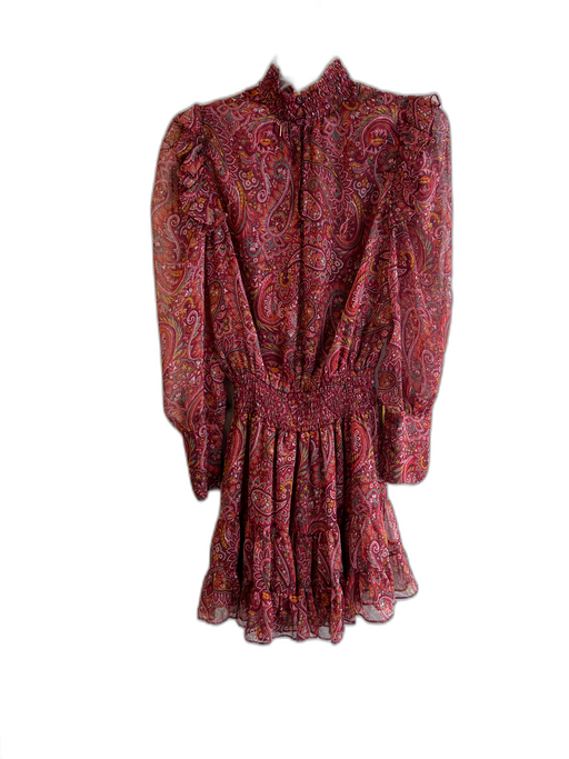 Misa Size Medium Cranberry & Multi Polyester Paisley High Neck Long Sleeve Dress Cranberry & Multi / Medium