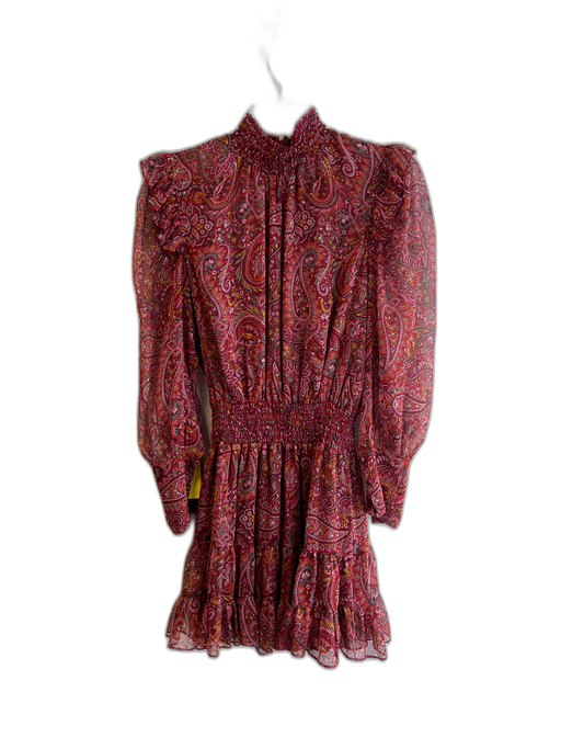 Misa Size Medium Cranberry & Multi Polyester Paisley High Neck Long Sleeve Dress Cranberry & Multi / Medium