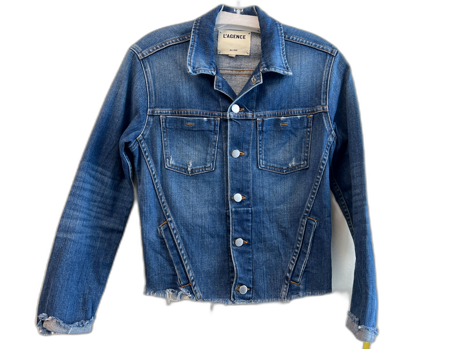 L'agence Size Medium Med Dark Wash Cotton Pocket Raw Hem Jean Jacket Jacket Med Dark Wash / Medium