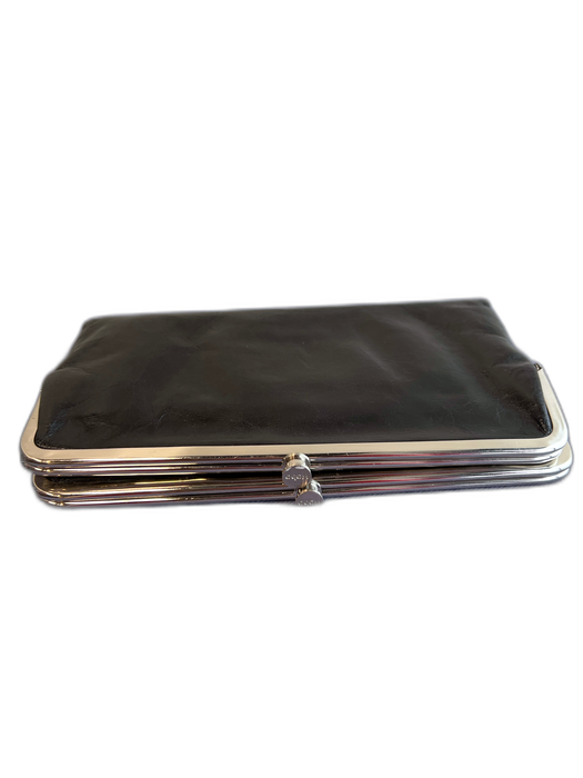 Hobo Black Leather Double Pocket Silver Hardware Card Holder Wallets Black