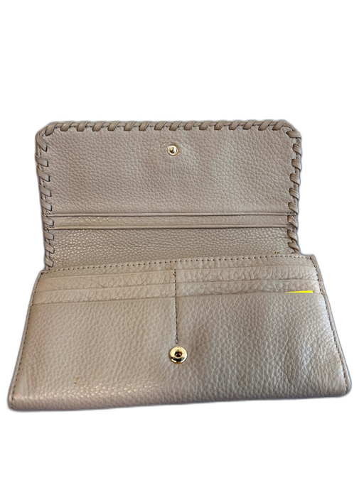 Tory Burch Elephant Grey Leather Logo Whipstitch Flap Pockets Wallets Elephant Grey