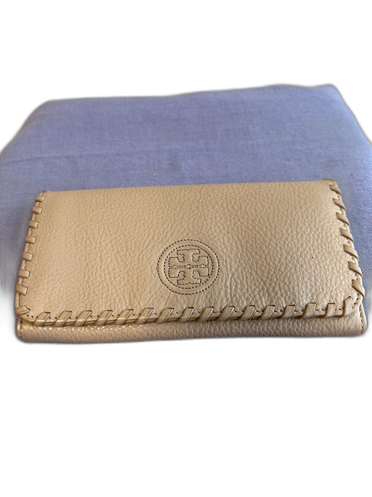 Tory Burch Elephant Grey Leather Logo Whipstitch Flap Pockets Wallets Elephant Grey
