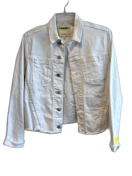 L'agence Size Medium White Cotton Blend Raw Hem Front Button Closure Jacket White / Medium
