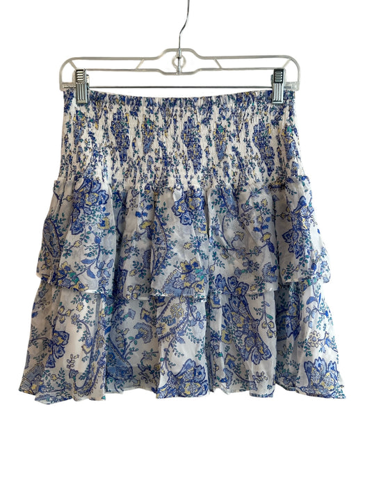 Milly Size 6 White & Blue Rayon Blend High Rise Shirred Waist Tiered Skirt White & Blue / 6