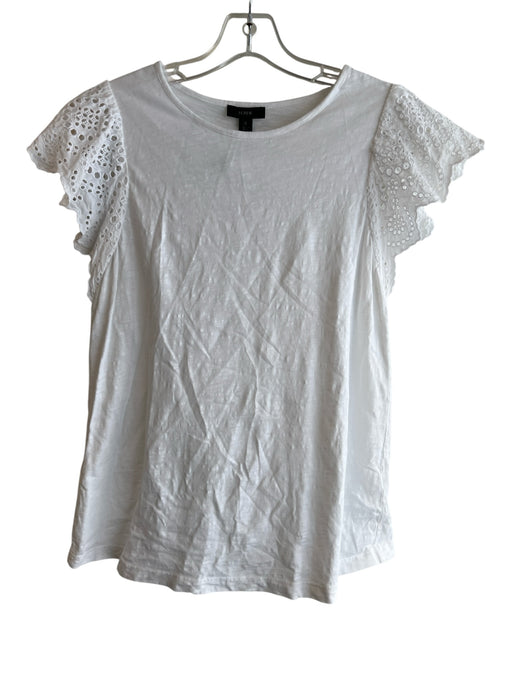J Crew Size S White Cotton Round Neck Ruffle Cap Sleeve Lace Detail Top White / S