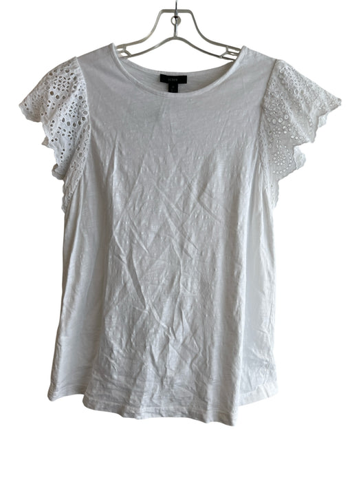 J Crew Size S White Cotton Round Neck Ruffle Cap Sleeve Lace Detail Top White / S