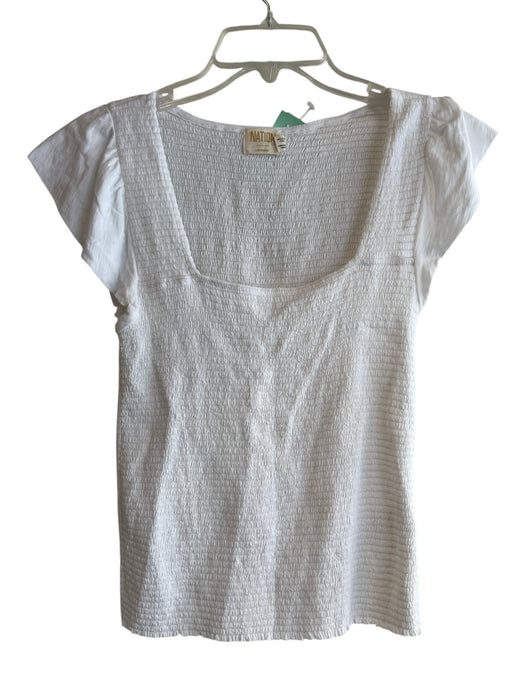 Nation Size M White Pima Cotton Scoop Neck Ruffle Cap Sleeve Shirred Bodice Top White / M