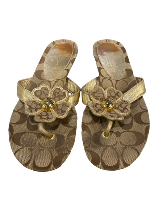 Coach Shoe Size 8 Tan Canvas Thong Strap Logo Flower Gold Hardware Sandals Tan / 8