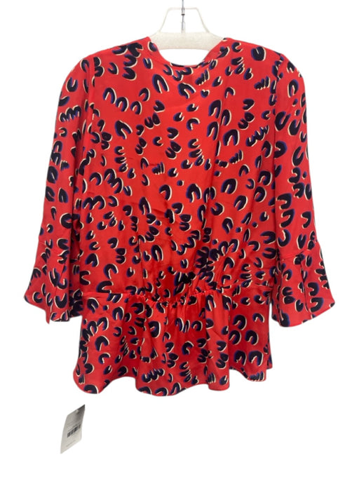 Marc Cain Size 8 Red, Black, Blue Viscose Blend Leopard V Neck 3/4 Sleeve Top Red, Black, Blue / 8