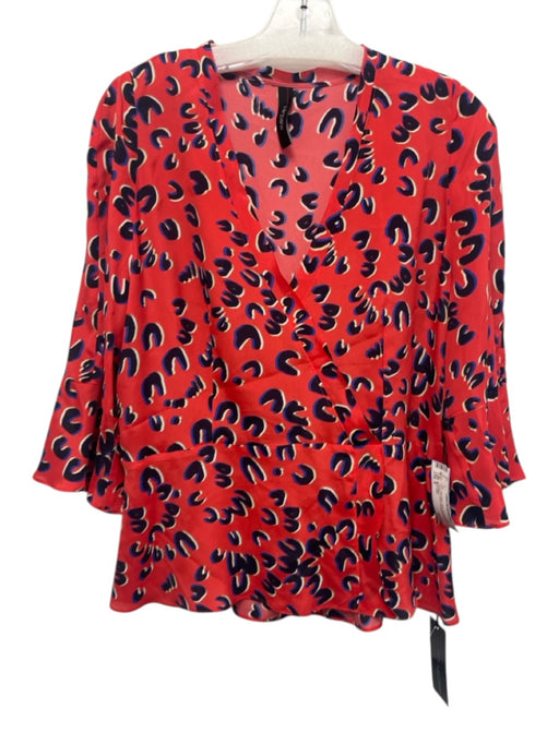 Marc Cain Size 8 Red, Black, Blue Viscose Blend Leopard V Neck 3/4 Sleeve Top Red, Black, Blue / 8
