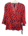 Marc Cain Size 8 Red, Black, Blue Viscose Blend Leopard V Neck 3/4 Sleeve Top Red, Black, Blue / 8
