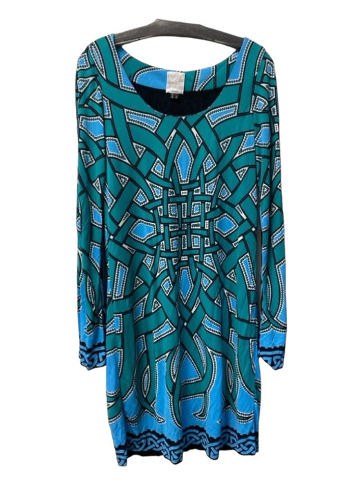 Nicole Miller Size S Teal & Black Print Rayon Boat Neck Long Sleeve Midi Dress Teal & Black Print / S