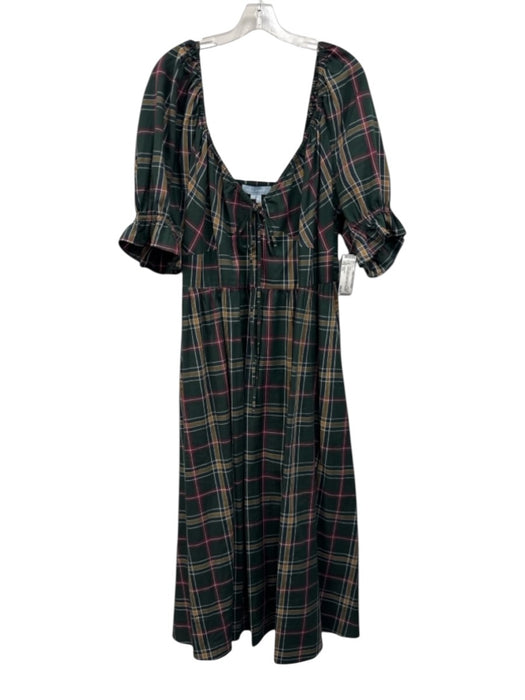 Hill House Size XXL Hunter Green, Burgundy & Navy Cotton Plaid Midi Dress Hunter Green, Burgundy & Navy / XXL