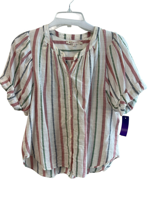 XiRENA Size XS White, Pink & Green Cotton Striped Button Down Short Sleeve Top White, Pink & Green / XS
