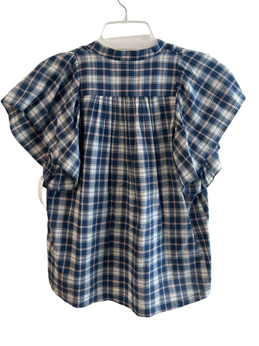 Trovata Birds of Paradis Size XS Blue & White Cotton Plaid Round Split Neck Top Blue & White / XS