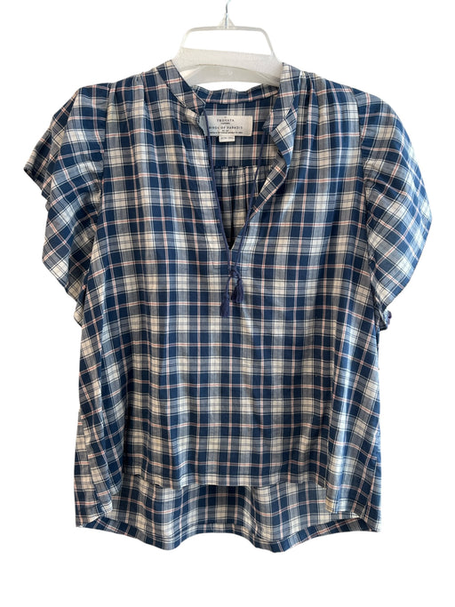 Trovata Birds of Paradis Size XS Blue & White Cotton Plaid Round Split Neck Top Blue & White / XS