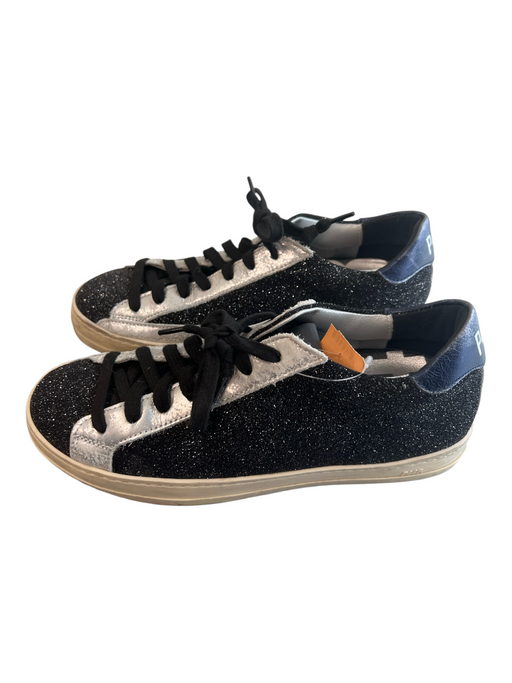 P448 Shoe Size 37 Black Leather Rubber Glitter Lace Up Sneaker Shoes Black / 37