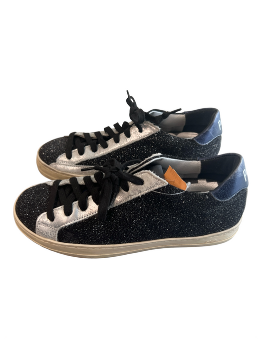 P448 Shoe Size 37 Black Leather Rubber Glitter Lace Up Sneaker Shoes Black / 37