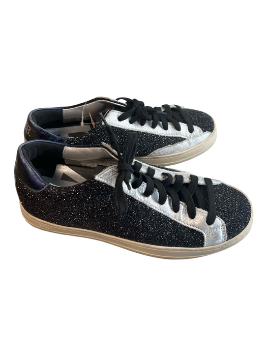 P448 Shoe Size 37 Black Leather Rubber Glitter Lace Up Sneaker Shoes Black / 37