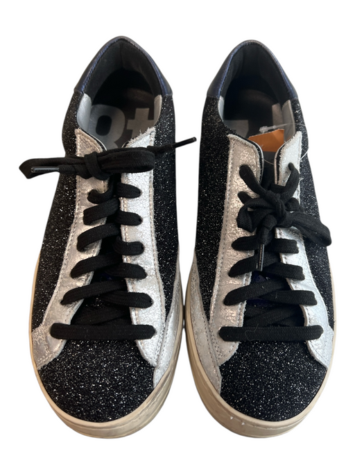 P448 Shoe Size 37 Black Leather Rubber Glitter Lace Up Sneaker Shoes Black / 37
