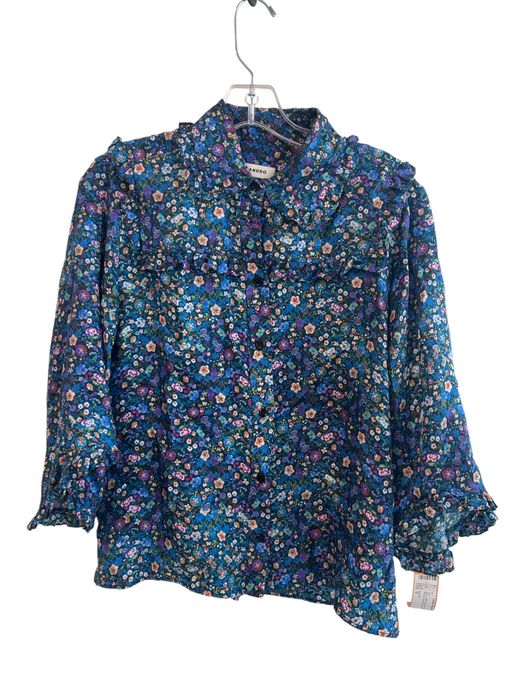 Sandro Size 0 Blue 100% Silk Floral Ruffle collar Blouse Top Blue / 0
