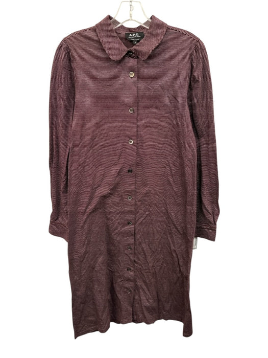 A.P.C Size S Burgundy Cotton Striped Button Front Long Sleeve Collared Dress Burgundy / S