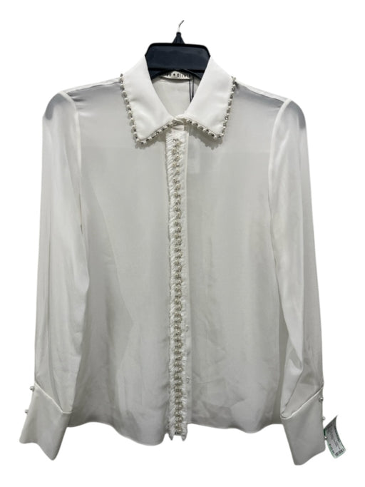 Alice + Olivia Size XS White Silk Button Pearl Detail Collar Frayed Top White / XS